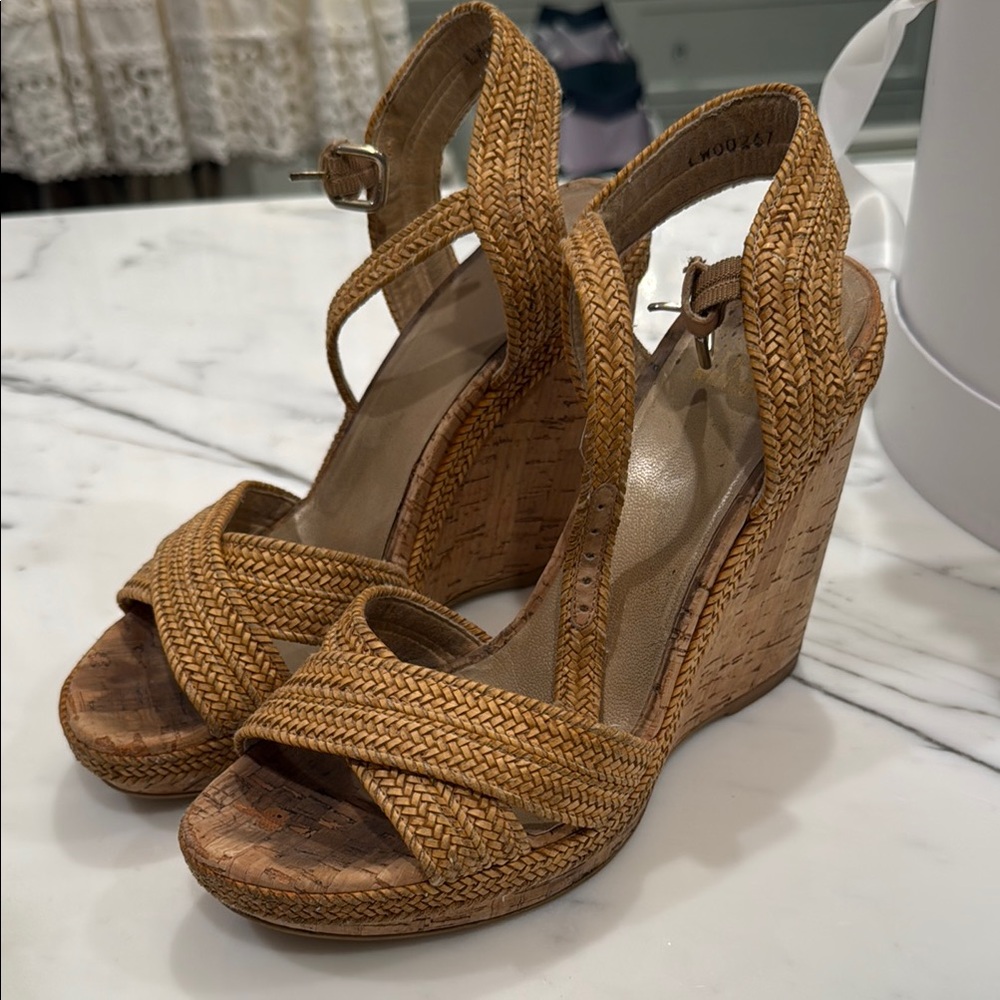 Stuart Weitzman Tan Wedge Sandals with Braided Texture